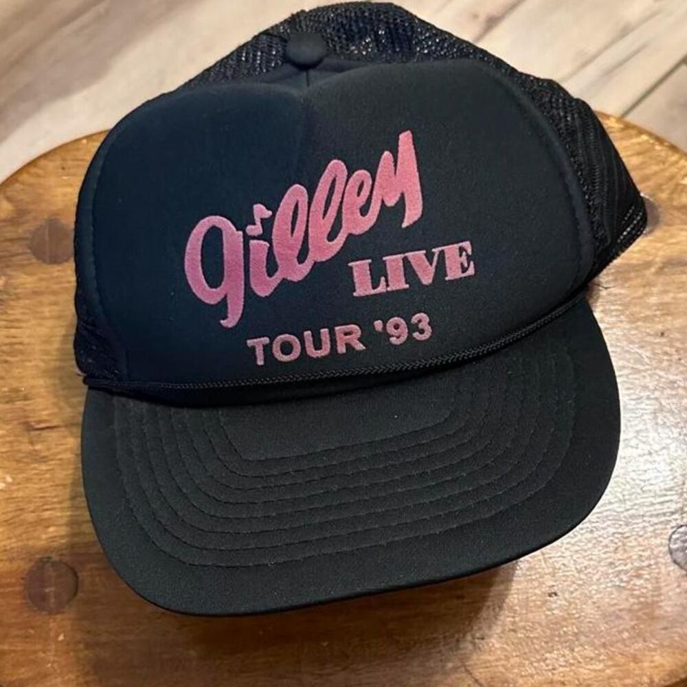 Vintage 1993 Mickey Gilley Live Tour Foam Trucker Hat Black Pink Rope
